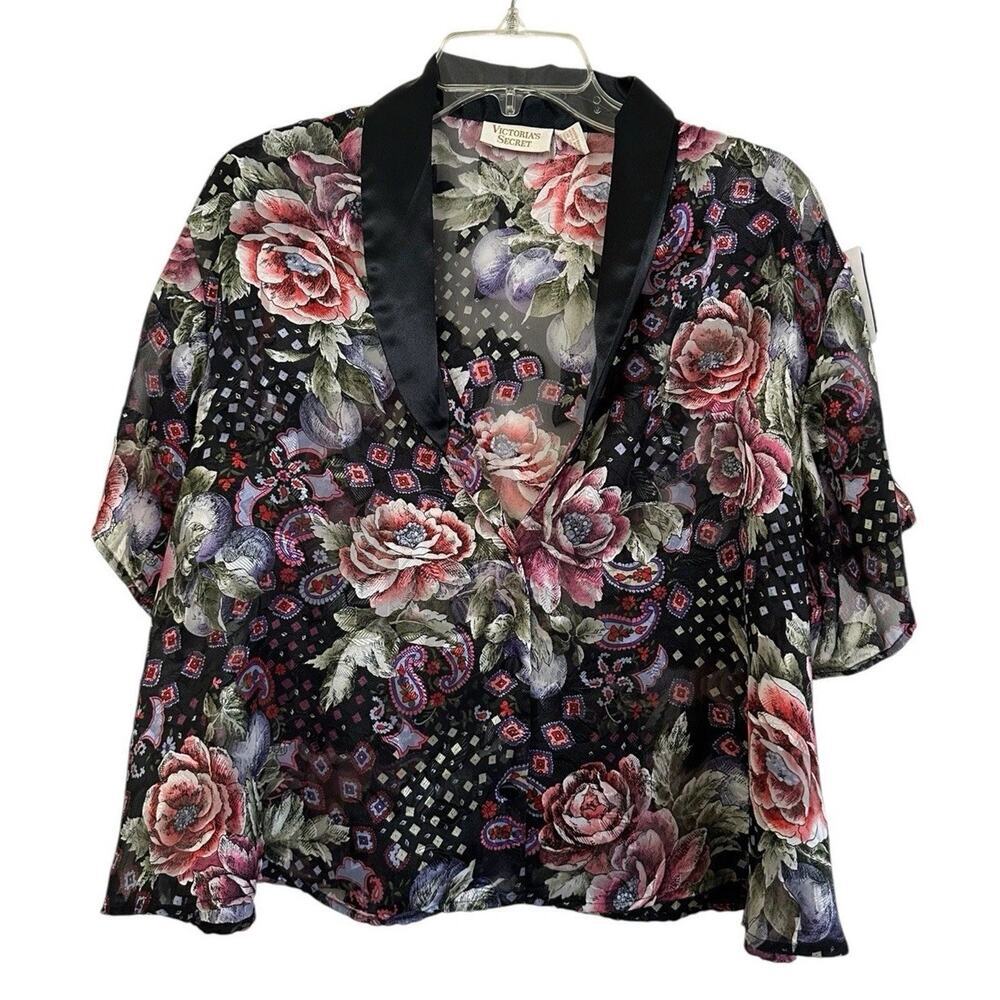 Victoria's Secret Vintage Gold Label Floral Pink & Green Sheer Pajama Top Large